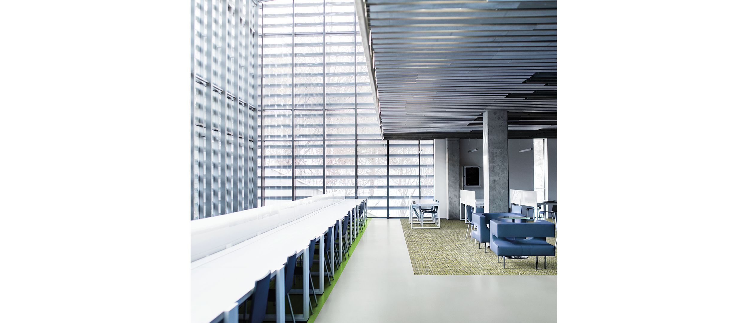 noraplan sentica rubber flooring with Interface WW895 plank carpet tile in workplace collaborative space imagen número 9